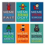 6 affiches super héros avec texte humour, citation amusante, batman, spiderman, chambre enfant