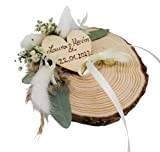Anneau de mariage coussin porte-alliances disque en bois avec prénoms et fleurs séchées blanc