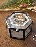 Boîte à alliances en verre et métal noir personnalisée avec vos prénoms et date gravés, motif feuillage, boîte vitrine