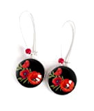 Boucles d'oreilles Cabochon asymétrique, Coquelicots fleurs rouge, noir et argenté (12 mm, attache courte)