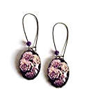 Boucles d'oreilles cabochon, Fleurs rose couleur pourpre violet, bouquet de fleurs