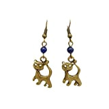 Boucles d'oreilles chat bronze lapis lazuli, bijoux perle bleu et felin, cadeau anniversaire, fêtes de mères,