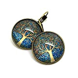 boucles d'oreilles fantaisie bronze, cabochon en verre, parure Klimt « l’arbre de vie », arbre, décoration, tableau, bleu, jaune (ref.59)