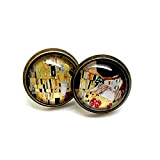 Boucles d'oreilles Klimt, mini puces d’oreilles fantaisie bronze, cabochon en verre, parure « Le baiser », œuvre, tableau, peintre, peinture, ...