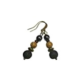 Boucles d'oreilles pendantes en hématite, perle en bois, jaspe paysage, perle tibétaine bronze et pierre de lave, diffuseurs d'huiles essentielles