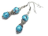 Boucles d'oreilles Thurcolas Blue Spirit en perles de jade blanc naturel teinté bleu et perles tibétaines