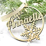 Boule de Noël en bois prénom personnalisable, motif flocon, idée cadeau, 3mm d'épaisseur, 7,5cm de diamètre