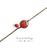 bracelet chaine fine bronze, cabochon inspiration Hindou fleurs rouge, bronze