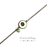 bracelet chaine fine bronze, cabochon trèfle, porte-bonheur, vert blanc, bronze