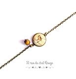 bracelet chaine fine bronze, Illustration Japonaise, petit oiseau, délicat, romantique, beige et orange
