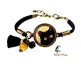 Bracelet Chat aux yeux jaunes bijou cabochon fantaisie halloween noir bronze-n-roses