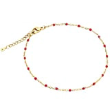 Bracelet de cheville doré en acier inoxydable décoré de perles de couleur rouges entièrement résistant à l'eau, réglable, 20cm, chaînette ...