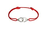 Bracelet menottes argentées sur cordon Rouge - Taille ajustable Homme ou Femme