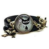 Bracelet noir avec cabochon verre chaton - Bracelet breloques bronze - Bracelet multi-rangs - Bracelet Les Quatre Amis - cadeau ...