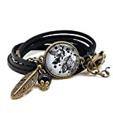 Bracelet noir plumes avec cabochon verre - Bracelet breloques bronze - Bracelet multi-rangs - Bracelet Attrape Rêves