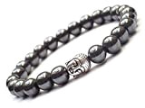 Bracelet pour femme Thurcolas ethnique Zen en perles d'Hématite polies et Bouddha en métal argenté