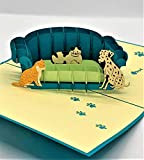Carte pop-up 3D faite à la main de BC Worldwide Ltd, canapé chat chien, carte d'anniversaire, anniversaire de mariage, fête ...