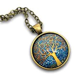 Collier cabochon, sautoir illustré, parure Klimt « l’arbre de vie », arbre, décoration, tableau, bleu, jaune, bronze (ref.59)