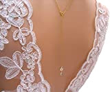 Collier de dos mariée chaine acier dorée pendentif feuille strass, bijoux mariage strass