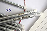 Crayons personnalisés argentés x 5, bois gravé avec votre texte, crayons à papier personnalisés en bois (5 crayons identiques).