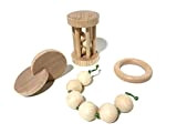 Ensemble 4 jouets Montessori, bois de hêtre, disque verrouillé, hochet 3 balles, hochet de perles, anneau dentition