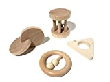Ensemble 4 jouets Montessori, bois de hêtre, hochet cage à grelot, disques verrouillés, hochet anneau 2 balles coulissantes, hochet de ...