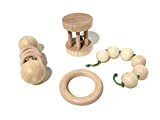 Ensemble 4 jouets Montessori, bois de hêtre, hochet grelot, hochet 3 anneaux, hochet de perles, anneau dentition