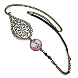 Headband avec cabochon verre fleurs rose bleu et estampe bronze - Accessoire cheveux - Ajustable - Hanakotoba
