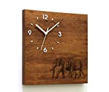 Horloge murale en bois massif - Famille d'éléphants - Bois gravé au Laser - Bois massif Iroko - Teck africain ...
