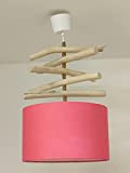 Lustre bois flotté abat jour lin rose cylindre 30 cm - suspension cylindrique plafonnier rond idée cadeau anniversaire déco chambre