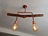 Lustre Boutton d'or 2 lumières en bois flotté, suspension luminaire en bois flotté, lampe suspendue contemporaine, éclairage de pendentif