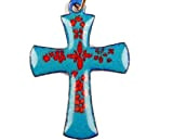 Pendentif croix latine bleu fleur rouge émail sur cuivre