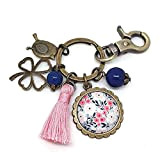 Porte clés bronze cabochon verre fleurs - bijou de sac rose et bleu - Pompon - Hanakotoba