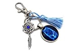 Porte-clés Loup Dream-catcher pompon bleu- chaîne porte-clés argent cabochon image loup bleu, plumes