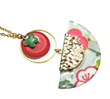 Sautoir avec éventail en papier japonais à fleurs roses fond vert, sequins émaillés rose et vert, chaîne et anneaux dorés