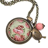 Sautoir Illustré fleurs style anglais tons vert et rose, en Métal Bronze avec Cabochon en Verre, Breloque et Perle en ...