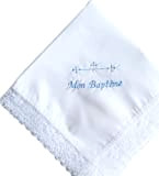 Tissu de baptême blanc broderie or 35x35 cm. (Tissu bleu)