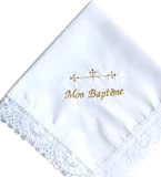 Tissu de baptême blanc broderie or 35x35 cm. (Tissu gold)